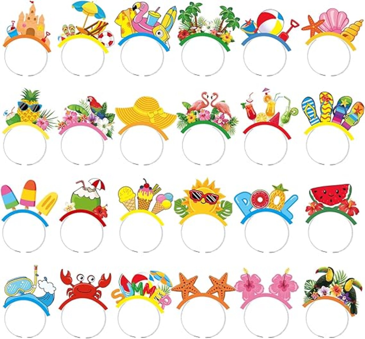 24 Pcs Summer Hawaiian Party Favors Paper Luau Head Boppers Tiki Aloha Boppers Funny Hawaiian Headband Tropical Flamingo Pineapple Palm Tree Summer Beach Party Favors Pool Photo Booth Props
